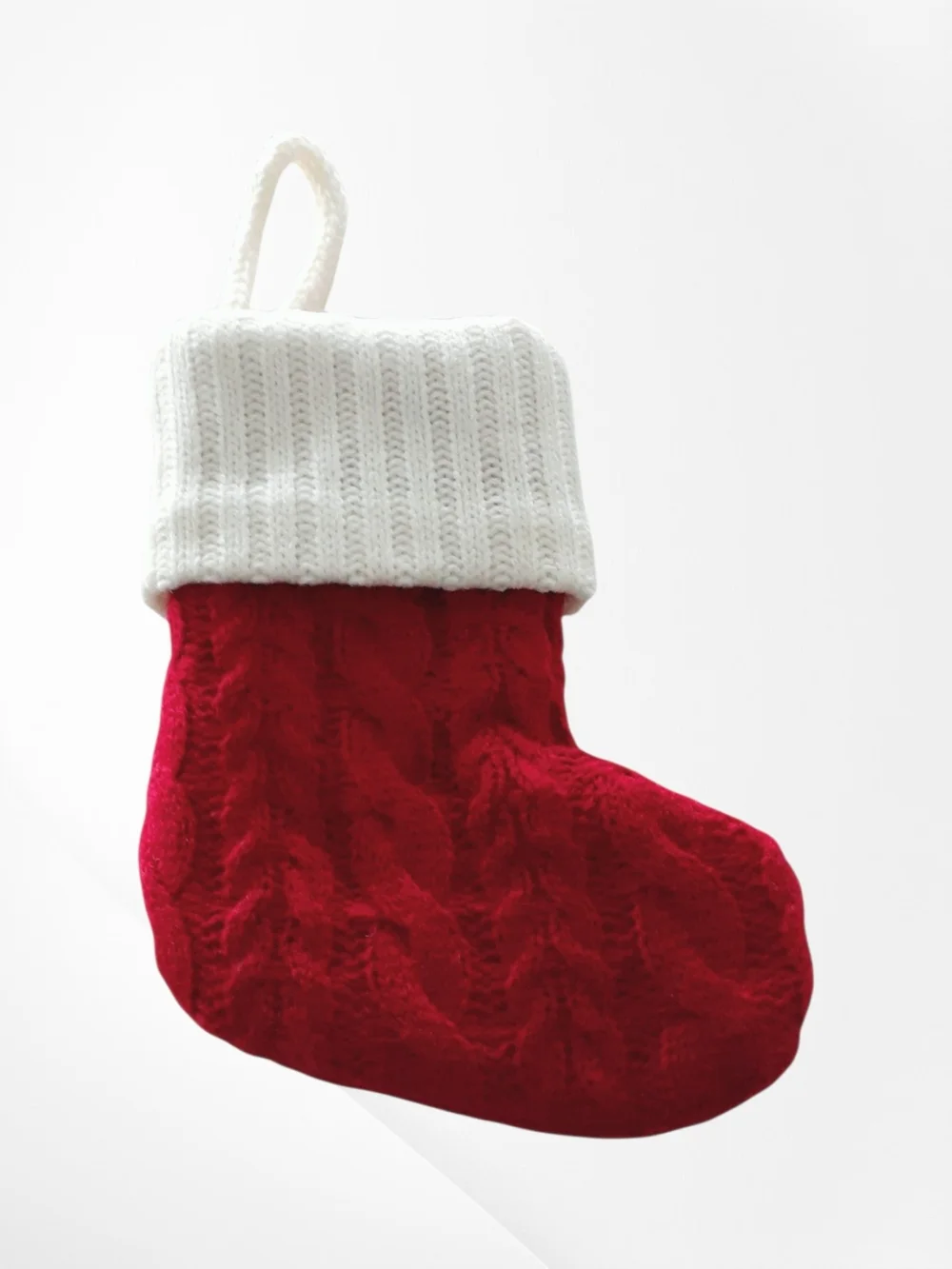 Mini Christmas Stocking Vintage Red Cable Knit White Cuff Holiday Decor Like New